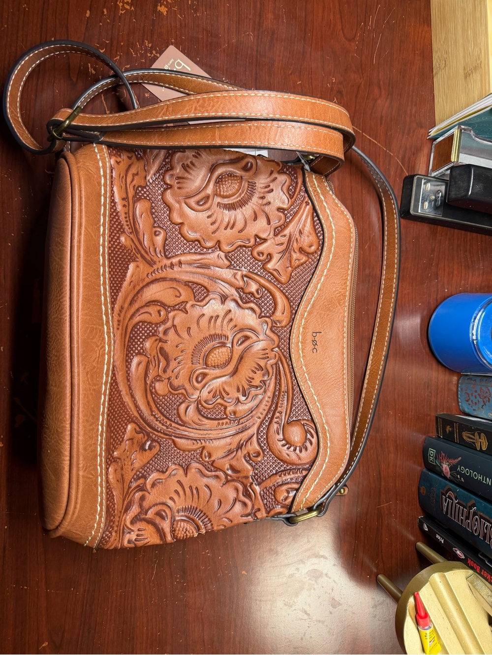 b.o.c. Tooled Leather Shoulder Bag in saddle Brown